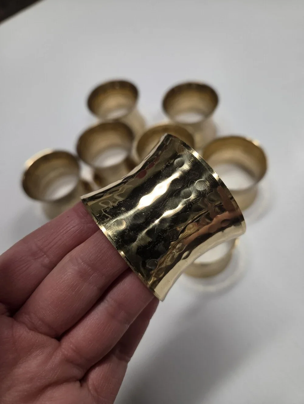 Mid-Century Modern Hammered Gold Brass Flared Napkin Rings – Set of 8